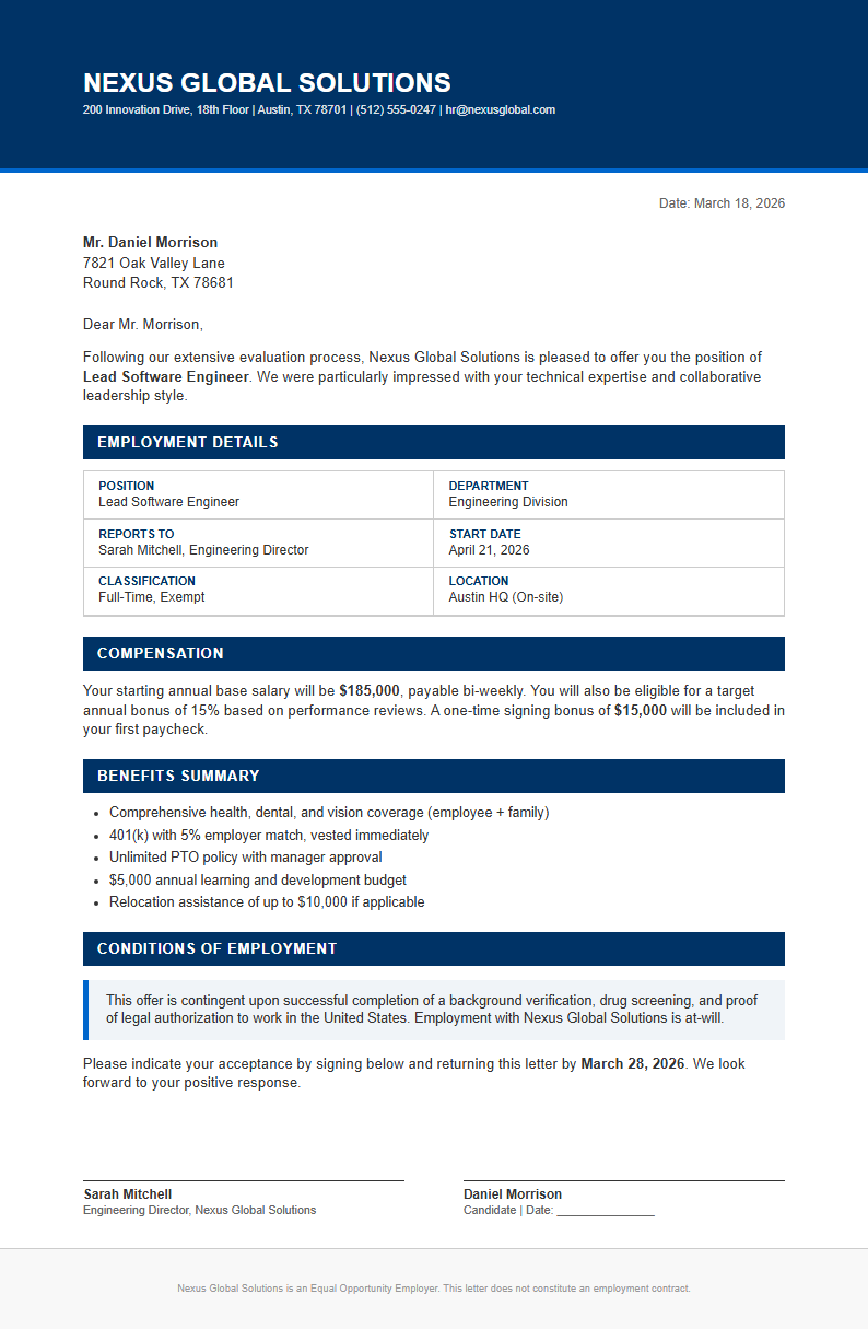 Corporate standard job offer letter